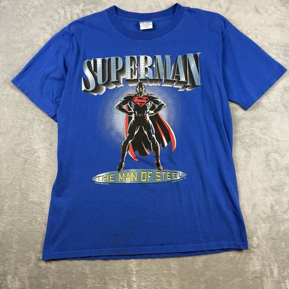 Vintage 1992 Superman The Man of Steel DC Comics Graphic T-Shirt Blue L